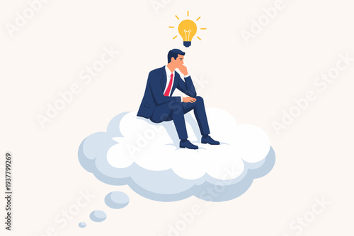 Businessman in a suit sitting on a thought bubble cloud with a glowing lightbulb above his head, symbolizing critical thinking, creative problem solving, innovation, and professional brainstorming.
