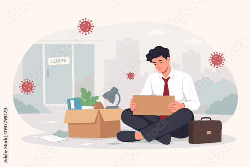 Sad unemployed office worker sitting on ground with box of belongings after job loss due to Coronavirus COVID-19 pandemic crisis. Company closed sign, economic recession, and lockdown impact concept.
