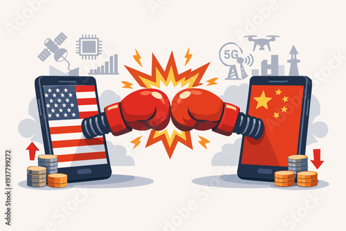 United States and China Technology War Illustration with Boxing Gloves Emerging from Smartphones Representing Global Tech Rivalry, Trade War, and Competition for 5G and Semiconductor Leadership