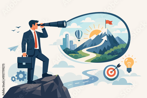 Businessman with Telescope Looking for Future Opportunities and Success Path, Visionary Leader Planning Career Goals, Strategic Growth, Innovation, and Achievement Concept Illustration