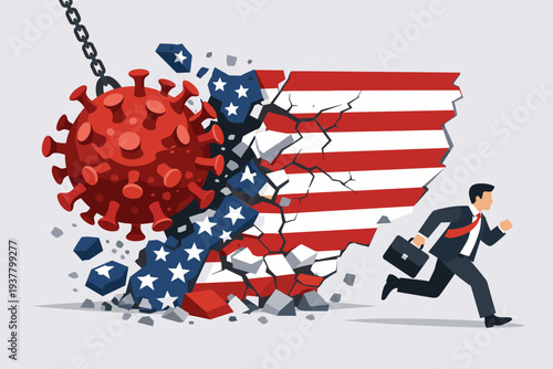 COVID-19 Virus Wrecking Ball Destroying USA Map Wall with American Flag Pattern, Businessman Running Away from Impact, Economic Crisis, Pandemic Failure and National Emergency Vector Concept