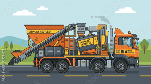 Asphalt recycler truck on road, construction industry vehicle, road repair machine