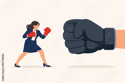 Strong Businesswoman in Suit and Red Boxing Gloves Facing a Giant Fist, Concept of Feminism, Gender Equality, Career Challenge, Professional Competition, Woman Power, and Overcoming Obstacles.