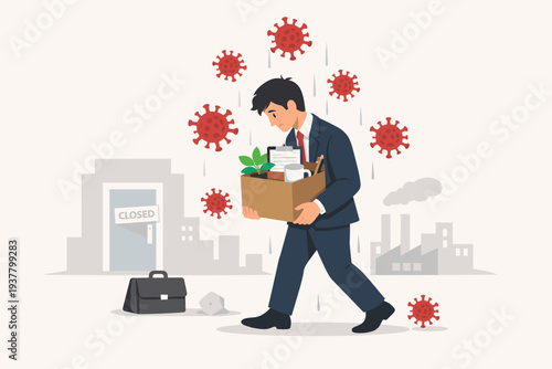 Sad Businessman Fired from Job due to COVID-19 Coronavirus Outbreak Carrying Box of Belongings from Closed Office. Economic Crisis, Unemployment, and Business Shutdown Concept Vector Illustration.