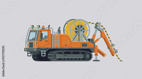 Cable laying crawler vehicle with reel and arm on grey background