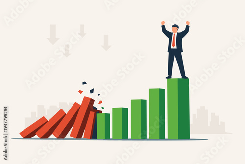 Successful Businessman Celebrating on Top of Rising Green Graph While Red Bars Collapse Like Dominoes Illustrating Resilience During Economic Crisis Market Volatility and Business Survival.