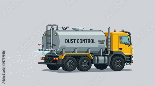 Dust control truck spraying water on grey background