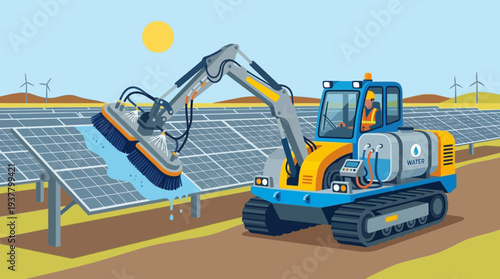 Excavator cleaning solar panels at a renewable energy farm
