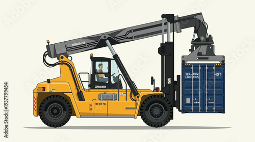 Forklift truck lifting shipping container in a flat design style