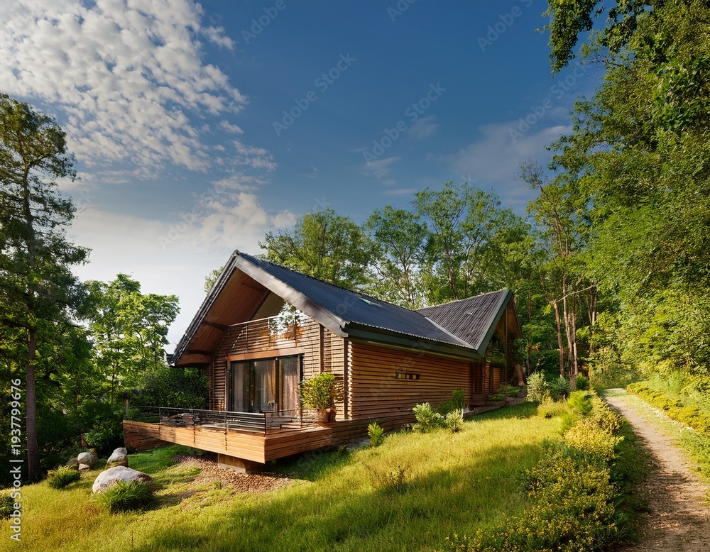 Fototapeta premium rustic summer house nestled amongst lush greenery perfect for a peaceful getaway enjoy the tranquility of nature s embrace in this charming retreat trees cabin cottage
