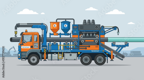 Industrial pipe coating machine on truck