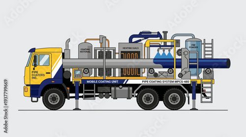 Industrial pipe coating unit truck illustration