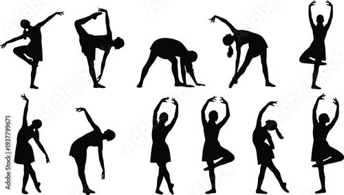 Female dancer silhouettes performing ballet and stretching poses isolated on white background graceful movement dance fitness body posture