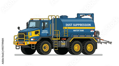 Mining water truck for dust suppression, heavy-duty vehicle, illustration