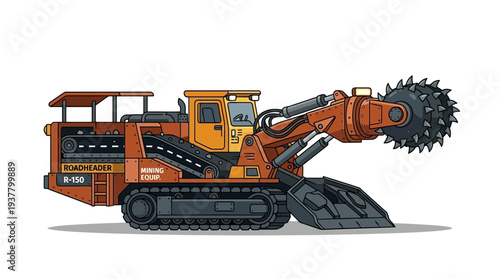 Roadheader machine with cutting drum on white background