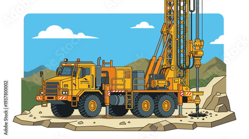 Yellow drilling rig truck in a rocky landscape