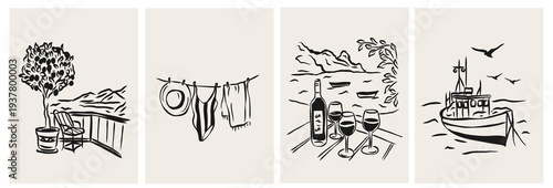 Line art vintage mediterranean vacation posters