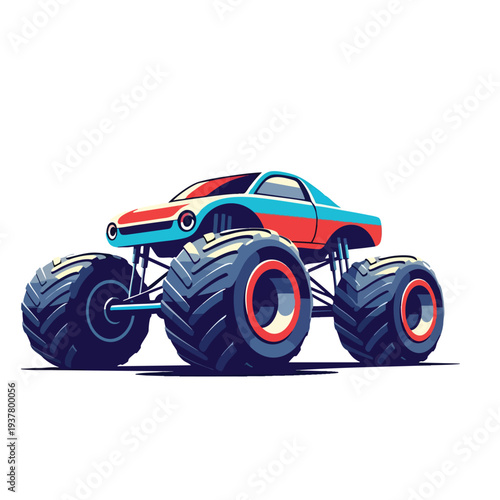 A colorful monster truck vector illustration with large tires and a bold design, set against a white background. Perfect for automotive designs, kids' projects, and graphic illustrations.