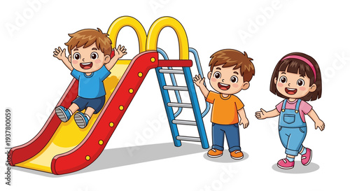 Happy children playing on a bright playground slide with ladder structure outdoors