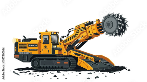 Yellow excavator with rotary digging wheel performing excavation on white background