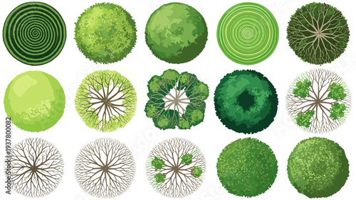 Top view landscape architecture symbols for garden plan and urban park layout design illustration