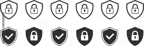 Shield security icons with check mark and lock symbols