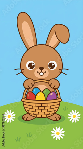 Cute bunny with basket of colorful Easter eggs in meadow vector