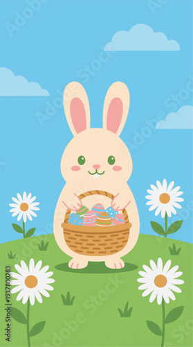 Cute bunny with basket of colorful Easter eggs in meadow vector