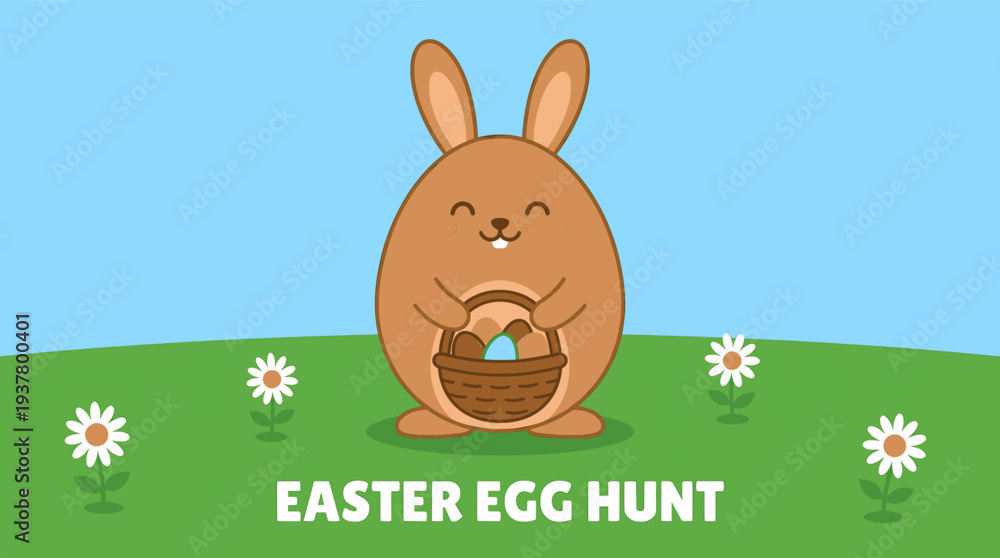 Fototapeta premium Cute bunny with basket of colorful Easter eggs in meadow vector