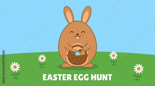 Cute bunny with basket of colorful Easter eggs in meadow vector