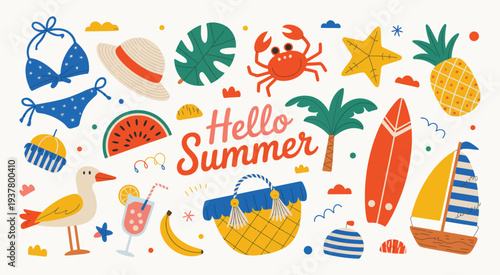 Cartoon Summer Beach Sticker Set in Retro 90s Style, Bright Groovy Funky Vacation Elements with Sun, Shore, Swimwear and Beach Party Icons, Trendy Sticker Pack of Patches, Labels and Stamps for Summer