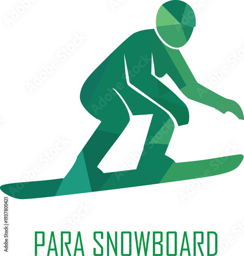 Green para snowboarder in action on mountain slope