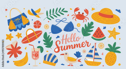 Cartoon Summer Beach Sticker Set in Retro 90s Style, Bright Groovy Funky Vacation Elements with Sun, Shore, Swimwear and Beach Party Icons, Trendy Sticker Pack of Patches, Labels and Stamps for Summer