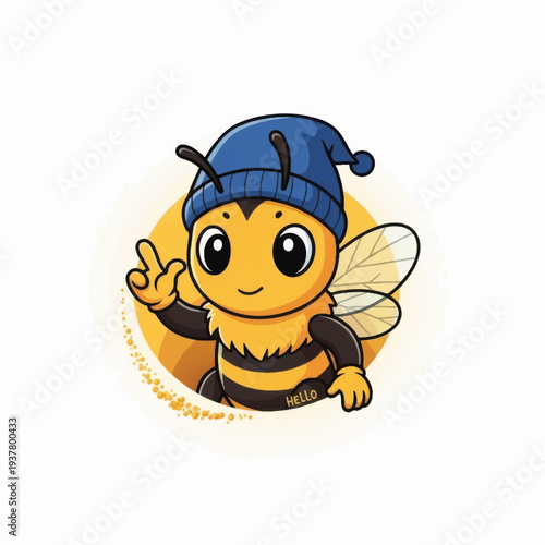 Cartoon Bee Character Wearing Blue Hat.