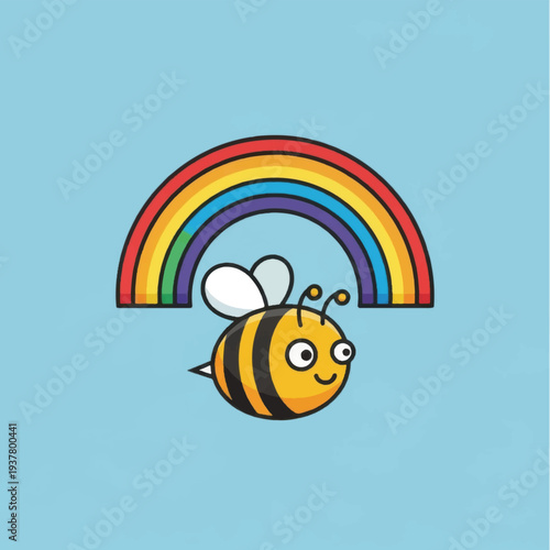 Cartoon Bee Flying Under Rainbow Arch.