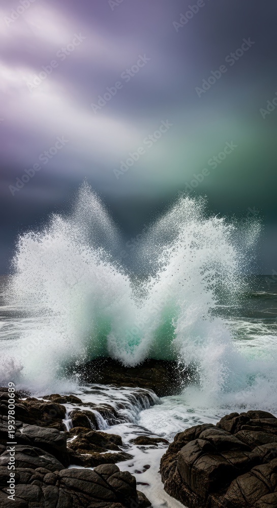 Obraz premium Powerful ocean waves crashing violently against dark coastal rocks under a dramatically stormy, ominous sky, water, powerful, coastal