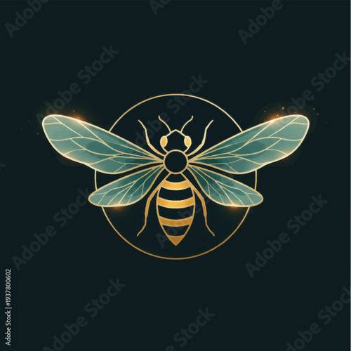 Yellow and Black Bee Illustration with Glowing Wings.