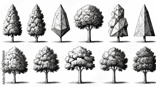 Collection of stylized and realistic trees diverse shapes and forms natural elements for design botanical illustrations detailed drawings