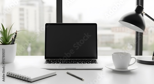 Modern Home Office Setup with Laptop and Coffee.