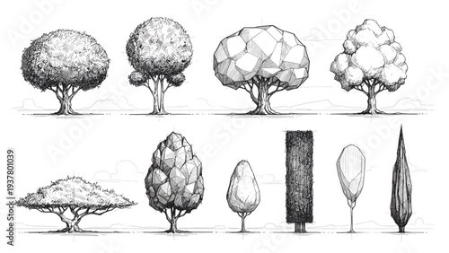 Artistic low poly tree sketches with faceted foliage for concept art and landscape design projects