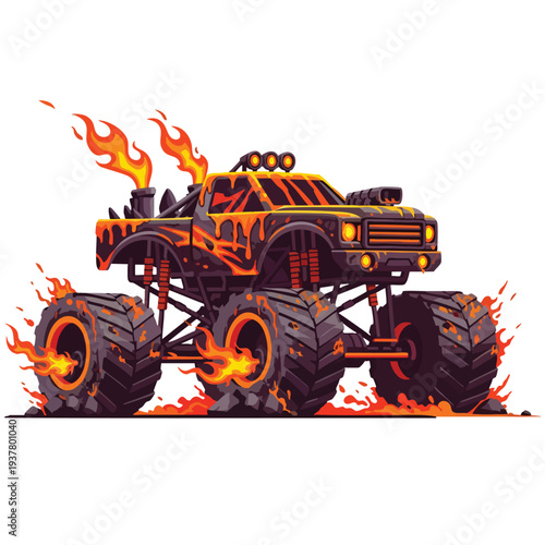A monster truck vector illustration with large tires and flames coming out of the exhaust pipe, presented on a white background. Perfect for posters, automotive designs, and racing
