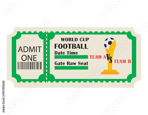 Football World Cup match ticket template with gold trophy and soccer ball icon. Vector sports event entrance pass.