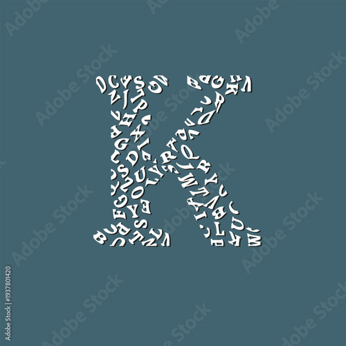 Letter K Made from Scattered Alphabet Characters. Art Logo Design. Creative Typographic Composition. Abstract Symbol with Shadow. Modern Design and Typography Concept. Vector Illustration