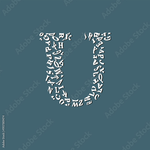 Letter U Made from Scattered Alphabet Characters. Art Logo Design. Creative Typographic Composition. Abstract Symbol with Shadow. Modern Design and Typography Concept. Vector Illustration