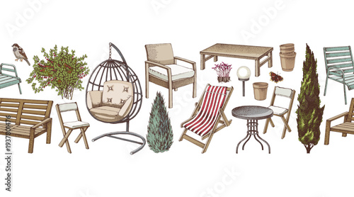 Garden furniture seamless vector border