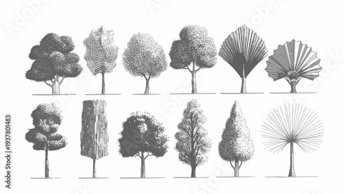 Set of sketch tree icons in front view for architectural landscape design and garden planning layout