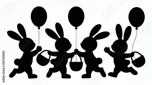 Three black silhouette bunnies running with easter baskets and balloons on white background