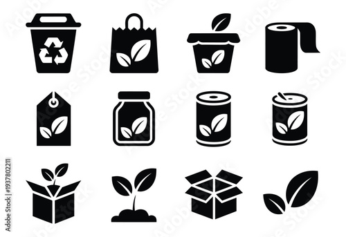 Eco friendly recycling icons packaging sprout nature solid glyph vector