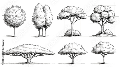 Hand drawn architecture tree sketches in side elevation view for landscape design and site planning
