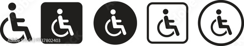 Wheelchair accessible black flat icons set. Disabled person vectors in simple and recognizable designs for accessibility isolated on transparent background. Handicapped access signs or symbols.